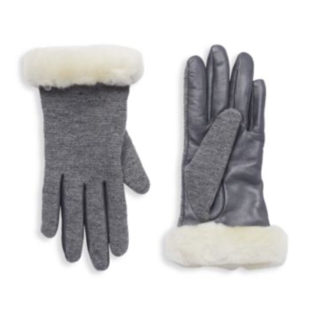 UGG Shearling Leather And Fabric Touchscreen Gloves Women’s Small Gray White
